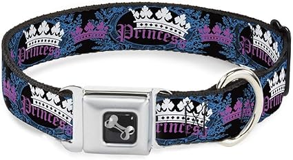 Buckle-Down Seatbelt Buckle Dog Collar - Crown Princess Oval Black/Turquoise - 1