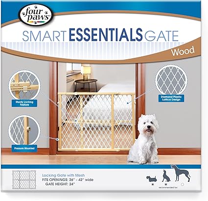 Four Paws Wood Frame Dog Gate With Plastic Mesh, 26-42