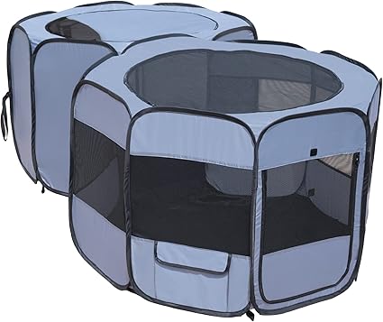 Puppy Playpen - Portable Cat Playpen - Collapsible Dog Crates for Small Dogs - Condo for Dog Cat Kitten Outdoor Indoor Play Tent Double Room Grey