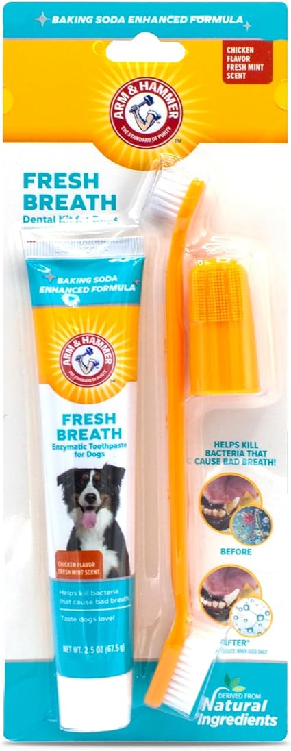 Arm & Hammer for Pets Fresh Breath Enzymatic Dog Dental Care Kit - Includes Dog Toothpaste, Dual Sided Toothbrush and Fingerbrush - Bad Breath Treatment, Chicken Flavor, 2.5 Ounce