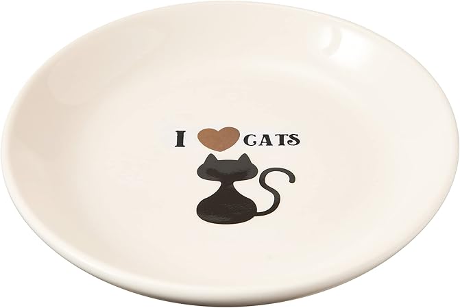 SPOT I Love Cats Round Cat Food Dish - Ceramic Plate with Low Edges, Saucer with Whisker-Friendly Shape and Low Profile Sides, Ideal for Wet or Dry Cat Food, Dishwasher Safe- 5 inch- 1 Cup (8Oz)