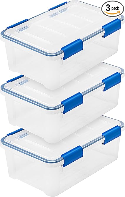 IRIS USA WeatherPro 16 Qt Storage Bins with Lids, 3 Pack, BPA-Free Plastic Gasket Box with Tight Latch and Seal, Stackable Nestable Tote Tub - Clear/Blue