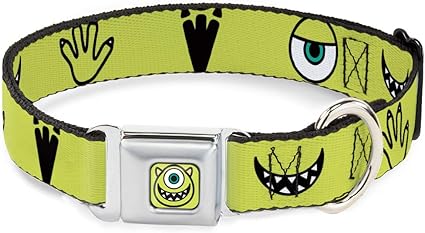 Dog Collar Seatbelt Buckle Monsters Inc Mike Icons Greens Black White 11 to 17 Inches 1.0 Inch Wide