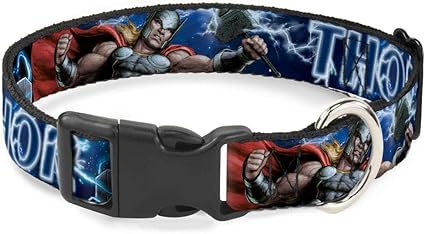 Marvel Comics Pet Collar, Dog Collar Plastic Buckle, Avengers Thor Hammer Action Pose Galaxy Blues White, 20 to 31 Inches 1.5 Inch Wide