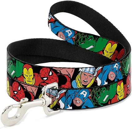 Buckle-Down Dog Leash 5 Marvel Characters Black 6 Feet Long 1.0 Inch Wide, Multicolor (DL-6FT-WAV002)