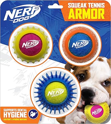 Nerf Dog 2.5in Squeak Armor Tennis Ball Dog Toys 3-Pack -Yellow/Pink and Orange/Blue and Blue/Green