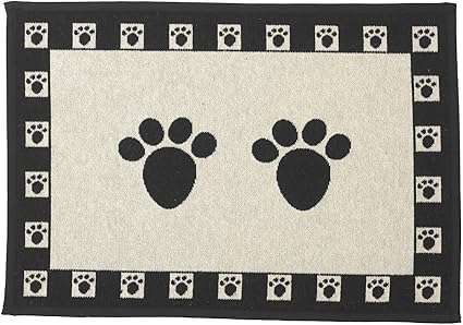 PetRageous 10209 Paws Tapestry Dog Non-Skid Machine Washable Placemat for Pet Feeding Stations with Rubber Backing 13-Inch by 19-Inch for Dogs and Cats, Black and Natural