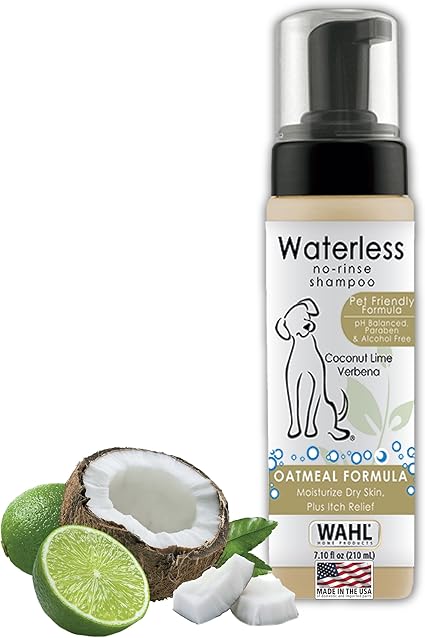 Wahl USA Pet Friendly Waterless No Rinse Shampoo for Animals – Oatmeal & Coconut Lime Verbena for Cleaning, Conditioning, Detangling & Moisturizing Dogs, & Cats – 7.1 Oz - Model 820015A