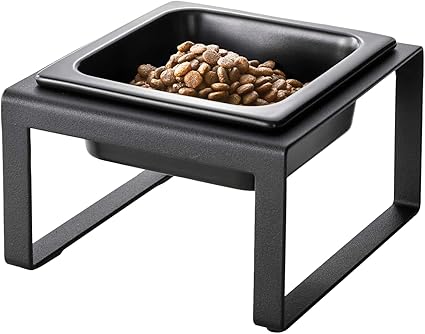 Yamazaki Home Tower Raised Ceramic Pet Food Or Water Bowl with Metal Stand for Cats Or Small Dogs - Tall - 1.25, Black