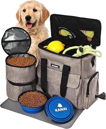 Dog Travel Bag | Dog Food Storage Containers, Silicone Mat, Large Collapsible Bowls | Airline Approved Dog Accessories Organizer | Dog Poop Bag Dispenser | Dog Stuff & Pet Supplies Travel Essentials