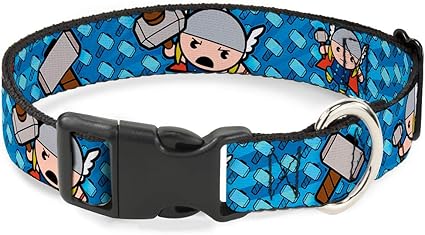 Dog Collar Plastic Clip Kawaii Thor Poses Hammer Monogram Blues 9 to 15 Inches 0.5 Inch Wide