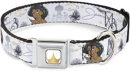 Dog Collar Seatbelt Buckle Aladdin Jasmine Palace Pose with Script and Flowers White 15 to 24 Inches 1.0 Inch Wide