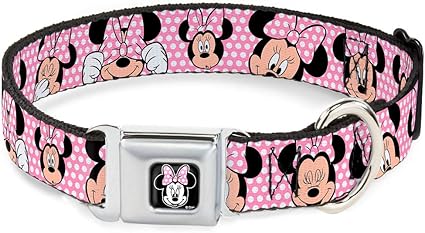 Buckle-Down Seatbelt Buckle Dog Collar - Minnie Mouse Expressions Polka Dot Pink/White - 1.5