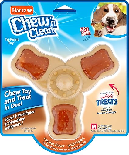 Hartz Chew ‘n Clean Chew Toy and Treat in One Chicken Flavored Tri-Point Dog Toy, Medium