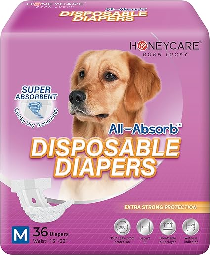 HONEY CARE All-Absorb Disposable Dog Diapers M Size, Improved Bigger Size, 36 Count, Super Absorbent, Breathable, Wetness Indicator