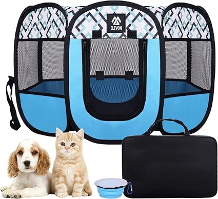 Elevon Portable Pet Playpen, Foldable Pet Playpen with Storage Bag, Pet Bowl and Detachable Sunshade, Indoor/Outdoor, Water-Resistant, Suitable for Medium-Sized Dogs and Various Small Pets, Blue