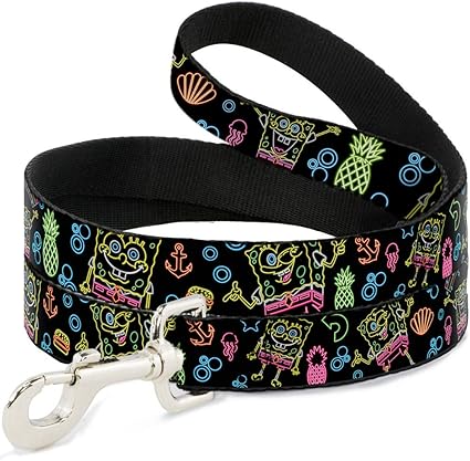 Dog Leash Electric Spongebob Poses Elements Black Multi Color 6 Feet Long 1.0 Inch Wide