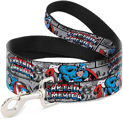 Dog Leash Captain America 2 Poses Comic Blocks Grays Red White Blue 6 Feet Long 1.5 Inch Wide