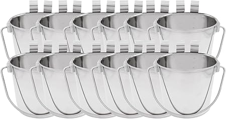 Fuzzy Puppy Flat Sided Pail with Dual Hooks, Snugly Fit On Dog, Cat and Critter Crates & Cages, Heavy Duty Stainless Steel | 4 Quart, 12-Pack (PN: FSP-4-12PK)