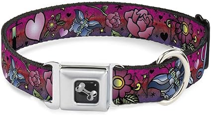 Dog Collar Seatbelt Buckle Love Love Pink 11 to 17 Inches 1.0 Inch Wide, DC-W31213-M