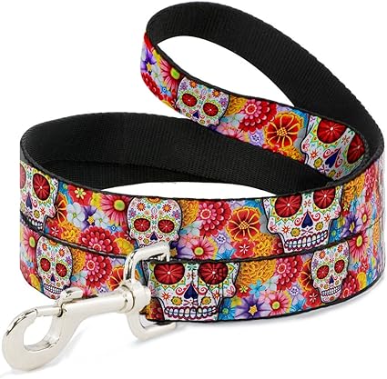 Buckle-Down Pet Leash - Sugar Skull Starburst White/Multi Color - 4 Feet Long - 1.5