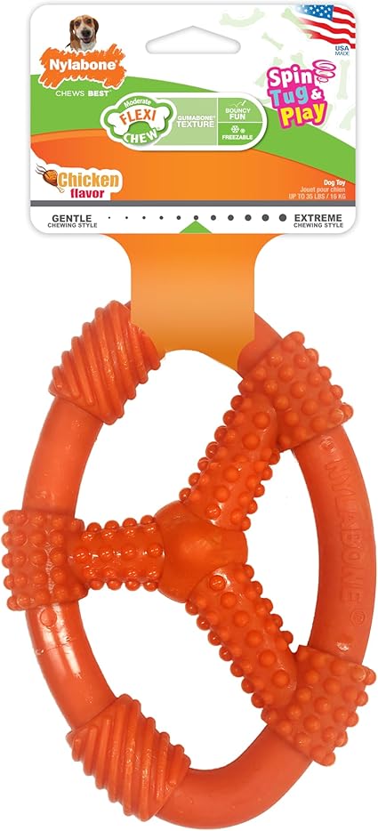 Nylabone Flexi Chew Oval Dog Ring - Textured Dog Ring Toy for Moderate & Gentle Chewers - Chicken Flavor, Wolf/Medium (1 Count)