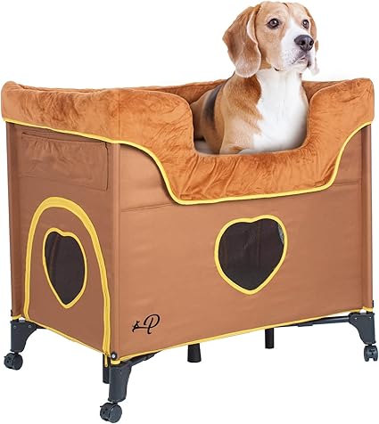 Petique Bedside Lounge Pet Bed, Bunk Bed for Medium Size Pets, Raised Lounge Bed for Cats & Dogs, Lion’s Den Design,Brown, 39.0