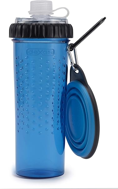 Dexas Popware for Pets Snack Duo Dual Chambered Hydration Bottle and Snack Container with Collapsible Pet Cup, Pro Blue, Model Number: PW4504322194