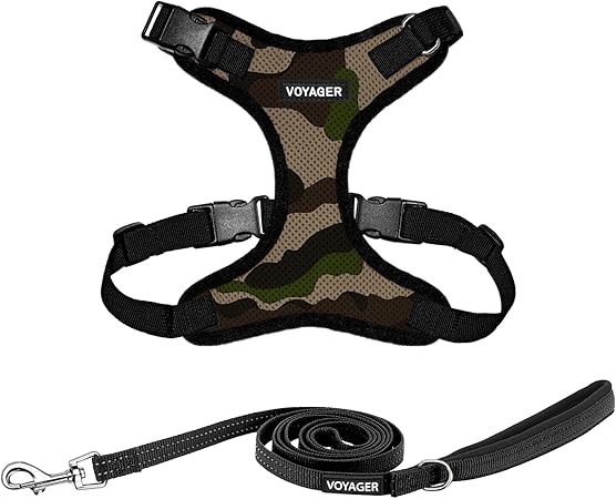 Voyager Step-in Lock Dog Harness w Reflective Dog Leash Combo Set with Neoprene Handle 5ft - Supports Small, Medium and Large Breed Puppies/Cats by Best Pet Supplies - Army/Black Trim, M