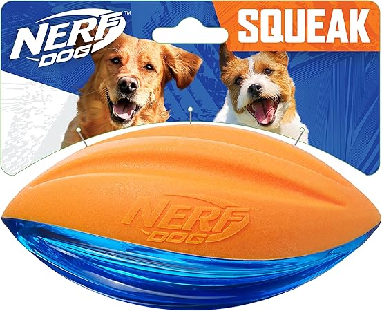 Nerf Dog Rubber Football Dog Toy with Interactive Squeaker, Lightweight, Durable and Water Resistant, 6 Inches, for Medium/Large Breeds, Single Unit, Blue and Orange