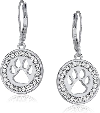 Pet Friends Silvertone and Crystal Paw Leverback Drop Earrings, Silver