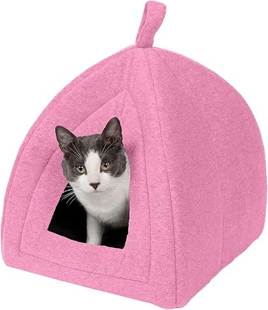 Furhaven Cat Bed Cave for Indoor Cats & Small Dogs, Washable & Foldable w/ Removable Cushion - Polar Fleece Pet Tent - Cotton Candy Pink, Small