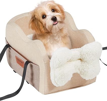 VEVOR Console Dog Car Seat, Center Console Dog Booster Seat for Small Dog, Pet Car Seat for Car Armrest with Clip-On Leash, Adjustable Straps, Supports up to 8lbs, Light Brown