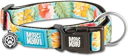 Max & Molly Urban Pets Smart ID Dog Collar - Soft Neoprene, Waterproof, Machine Washable, Power Buckle, Gotcha! QR Tag & Custom App Profile, Hibiscus XS