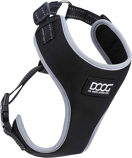 DOOG-All Weather 'Neoflex' Dog Harness,Flexible Neoprene Mesh Padding Easy Fit Small,Medium,Large,XL Soft Comfortable 2 Point Adjustable Leash Training Run Walk Swim,Black/Grey,HARBFLSOFT-M