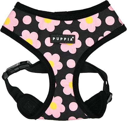 Puppia Bacopas Dog Harness A (Over-The-Head) Fashionable Flower Pattern Spring Summer Harness for Small and Medium Dogs, Black, Medium