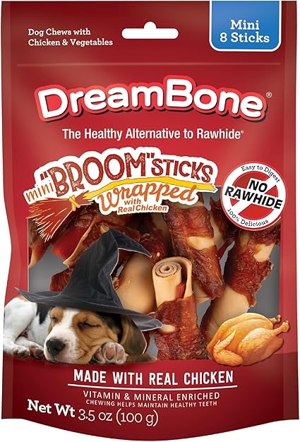 DreamBone Mini Broomsticks 8 Count, Wrapped with Real Chicken, Rawhide-Free Halloween Chews for Dogs