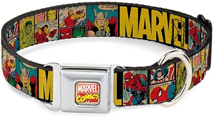 Buckle-Down Seatbelt Buckle Dog Collar - MARVEL/Retro Comic Panels Black/Yellow - 1.5