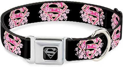 Dog Collar Seatbelt Buckle Super Shield Hibiscus Design Black Pink 11 to 17 Inches 1.0 Inch Wide