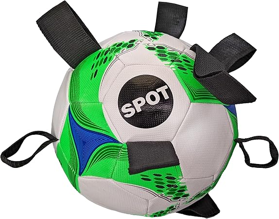 SPOT Dog Soccer Ball with E-Z Tabs - Interactive Fetch and Tug Dog Toy with Heavy Duty Nylon Straps for Carrying, Tossing, and Tugging, Floats in Water, 9in Sports Ball with Air Pump Included