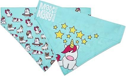 Max & Molly 2-in-1 No-Tie Reversible Pet Bandana for Collars - Vibrant Designs, Durable & Machine-Washable - Slide-On Fabric Accessory for Cats & Dogs - Stylish Scarf Bib, Unicorns, XS/S