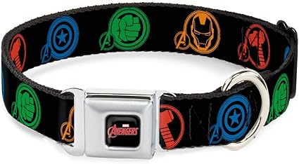 Buckle-Down Seatbelt Buckle Dog Collar - Marvel Avengers Superhero Logos Black/Multi Color - 1