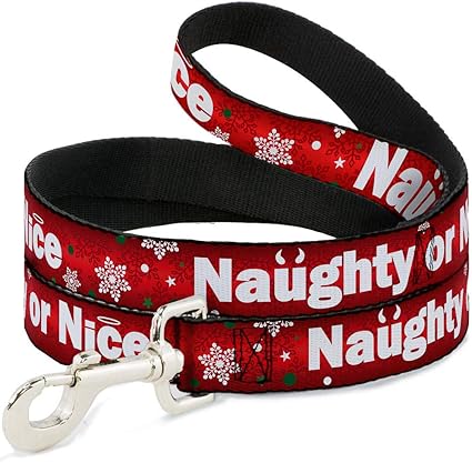 Dog Leash Christmas Naughty or Nice Snowflakes Reds White Green 6 Feet Long 1.0 Inch Wide