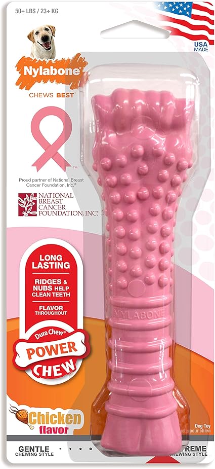 Nylabone Power Chew Breast Cancer Awareness Femur Bone Chew Toy for Dogs, Indestructible Dog Toys for Aggressive Chewers, Chicken Flavor, X-Large/Souper (1 Count)