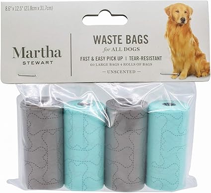 Martha Stewart for Pets Waste Bags for All Dogs | 60 Large Unscented Doggie Bags, 4 Rolls of Tear-Resistant Dog Waste Bags | Great for Daily Walks and Picking Up After Your Dog