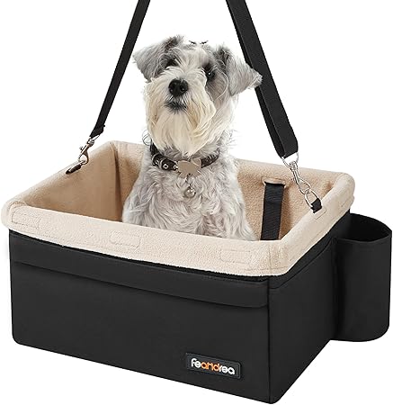 Feandrea Dog Car Seat, Pet Booster Seat for Small Dogs up to 18 lb, with Adjustable Straps, Removable Washable Fleece Liner, 4 Pockets, for Front Seats, Back Seats, Black and Beige UPBS042B01