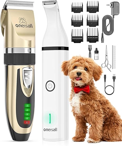 oneisall Dog Clippers and Dog Paw Trimmer Kit 2 in 1 Low Noise Cordless Dog Clippers for Grooming Pet Hair Trimmers for Small and Large Dogs Cats Animals