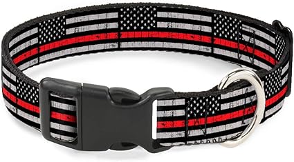 Buckle-Down Dog Collar Plastic Clip Thin Red Line Flag Weathered Black Gray Red 11 to 17 Inches 1.0 Inch Wide