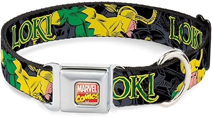 Buckle-Down Seatbelt Buckle Dog Collar - LOKI in Action Black/Gray/Yellow/Green - 1.5