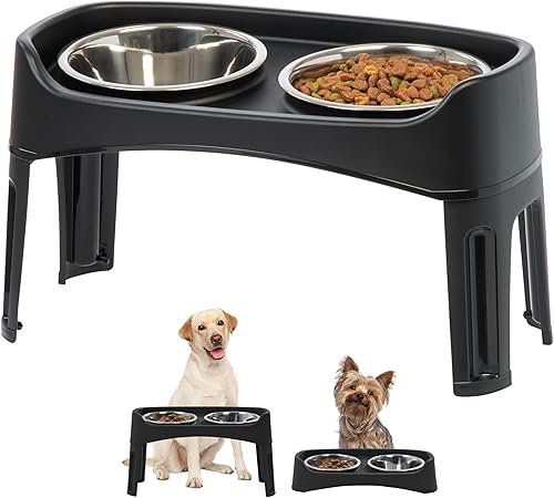 IRIS USA Elevated Dog Bowls, Adjustable Height, 2 Thick 64 oz Stainless Steel Bowls, Spill-Proof with Raised Outer Rim, Durable Made in USA Plastic, Easy Assemble, 2 Heights 4.63